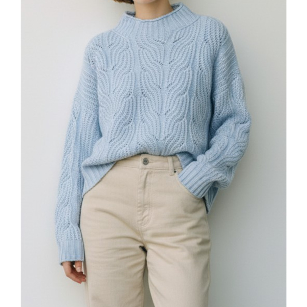 J. Crew Sz XL Mock Neck Cable Knit Sweater Blue Alpaca-Blend Knit Relaxed Fit